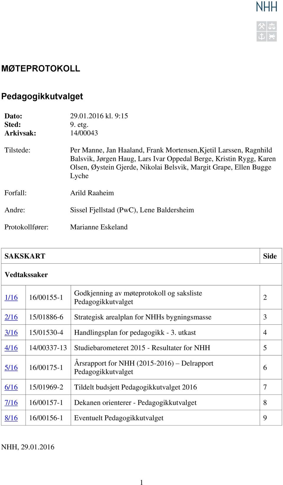 Øystein Gjerde, Nikolai Belsvik, Margit Grape, Ellen Bugge Lyche Arild Raaheim Sissel Fjellstad (PwC), Lene Baldersheim Marianne Eskeland SAKSKART Side ssaker 1/16 16/00155-1 Godkjenning av