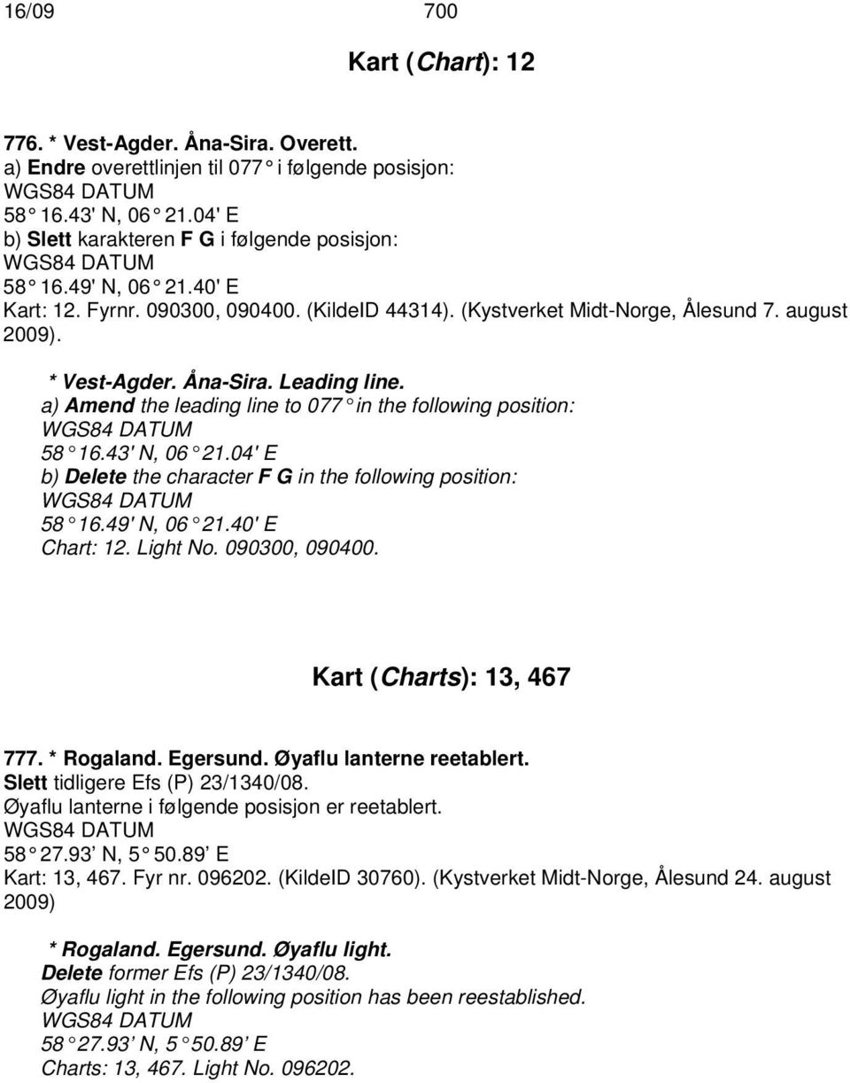 a) Amend the leading line to 077 in the following position: 58 16.43' N, 06 21.04' E b) Delete the character F G in the following position: 58 16.49' N, 06 21.40' E Chart: 12. Light No.