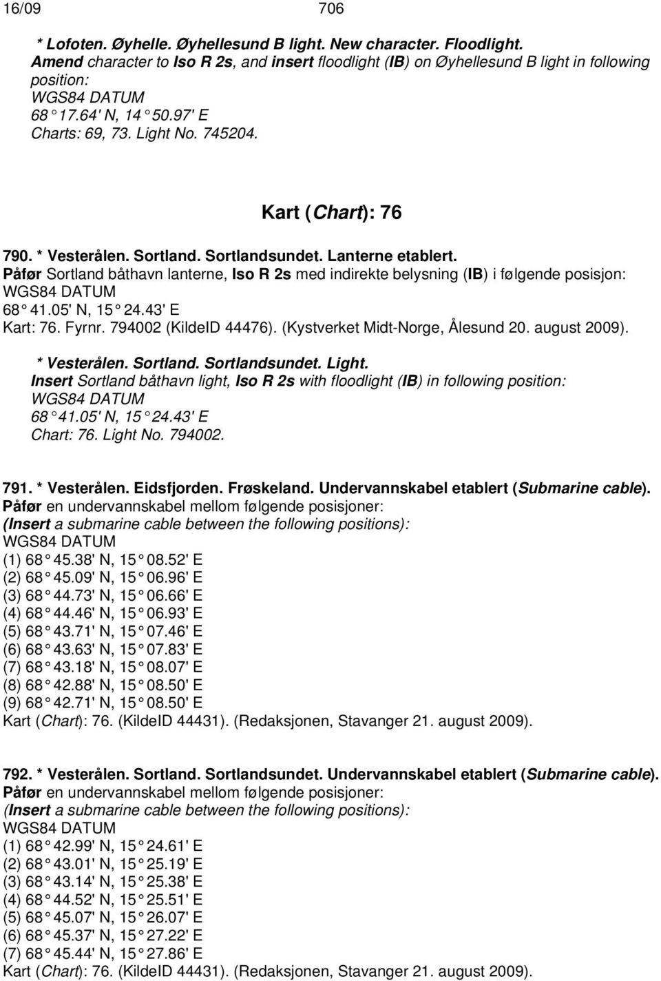 Påfør Sortland båthavn lanterne, Iso R 2s med indirekte belysning (IB) i følgende posisjon: 68 41.05' N, 15 24.43' E Kart: 76. Fyrnr. 794002 (KildeID 44476). (Kystverket Midt-Norge, Ålesund 20.