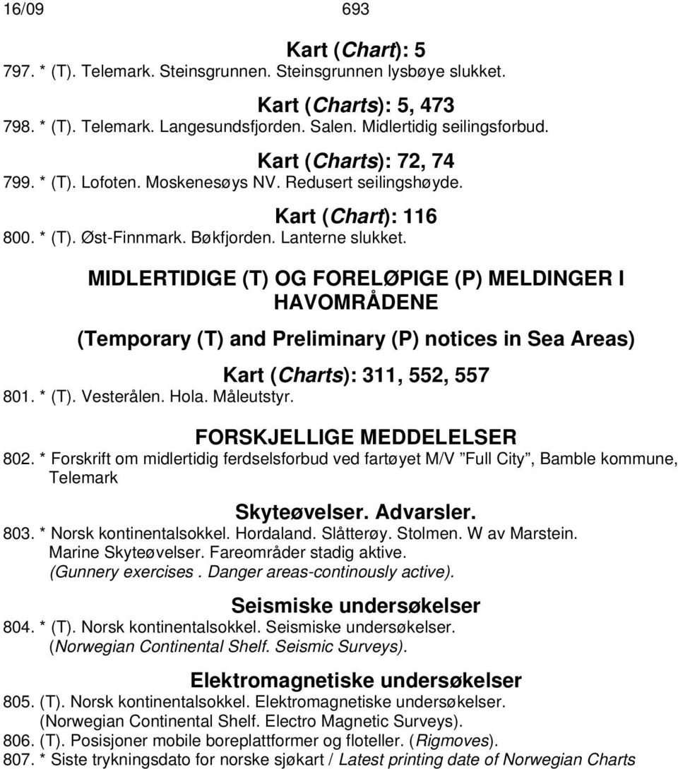 MIDLERTIDIGE (T) OG FORELØPIGE (P) MELDINGER I HAVOMRÅDENE (Temporary (T) and Preliminary (P) notices in Sea Areas) Kart (Charts): 311, 552, 557 801. * (T). Vesterålen. Hola. Måleutstyr.