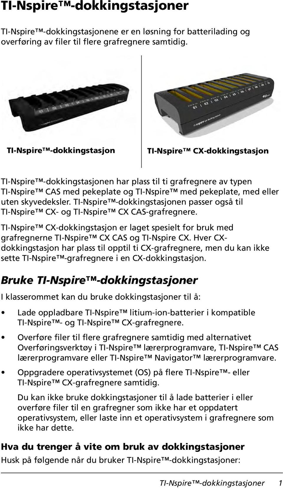 skyvedeksler. TI-Nspire -dokkingstasjonen passer også til TI-Nspire CX- og TI-Nspire CX CAS-grafregnere.