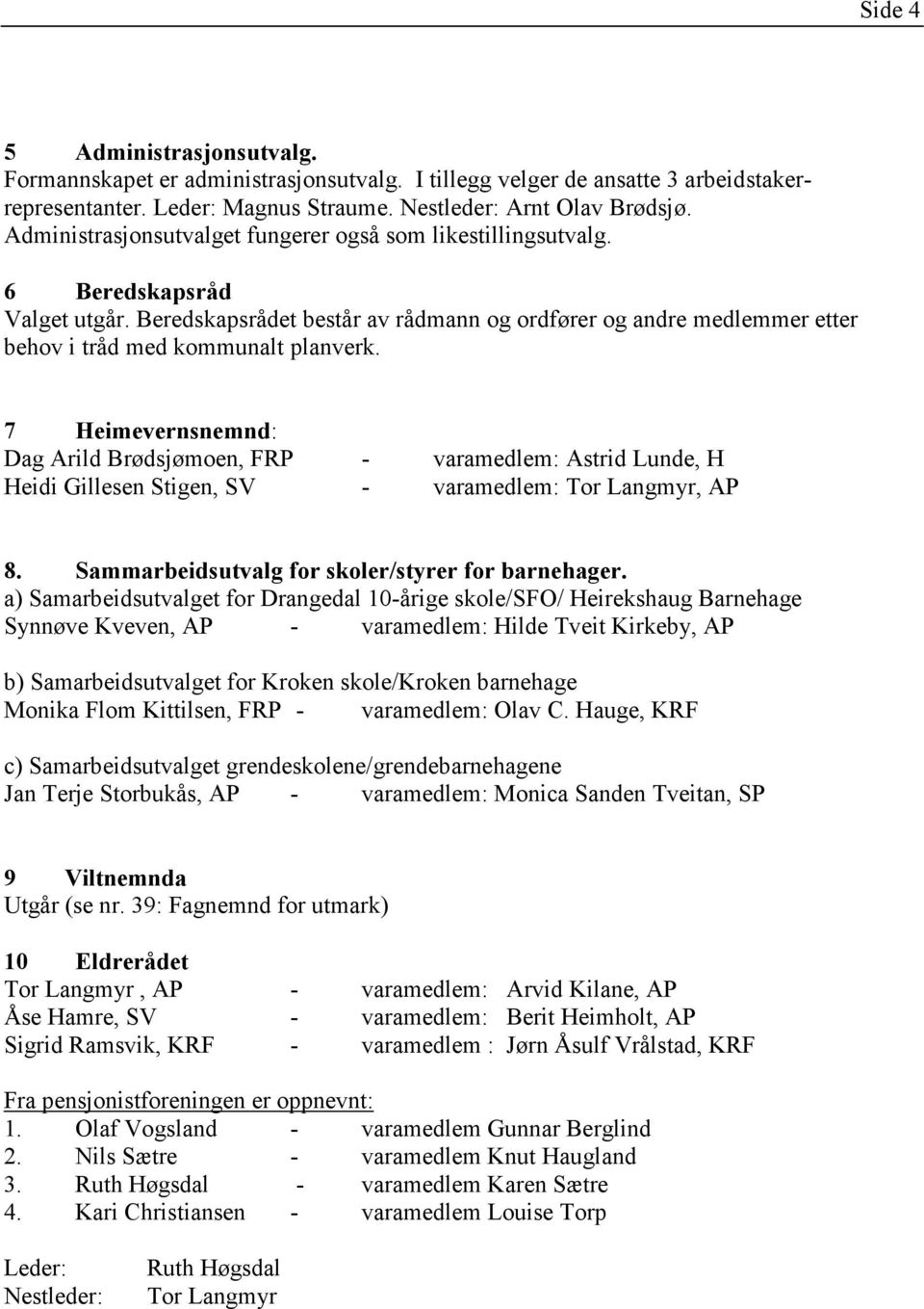 7 Heimevernsnemnd: Dag Arild Brødsjømoen, FRP - varamedlem: Astrid Lunde, H Heidi Gillesen Stigen, SV - varamedlem: Tor Langmyr, AP 8. Sammarbeidsutvalg for skoler/styrer for barnehager.