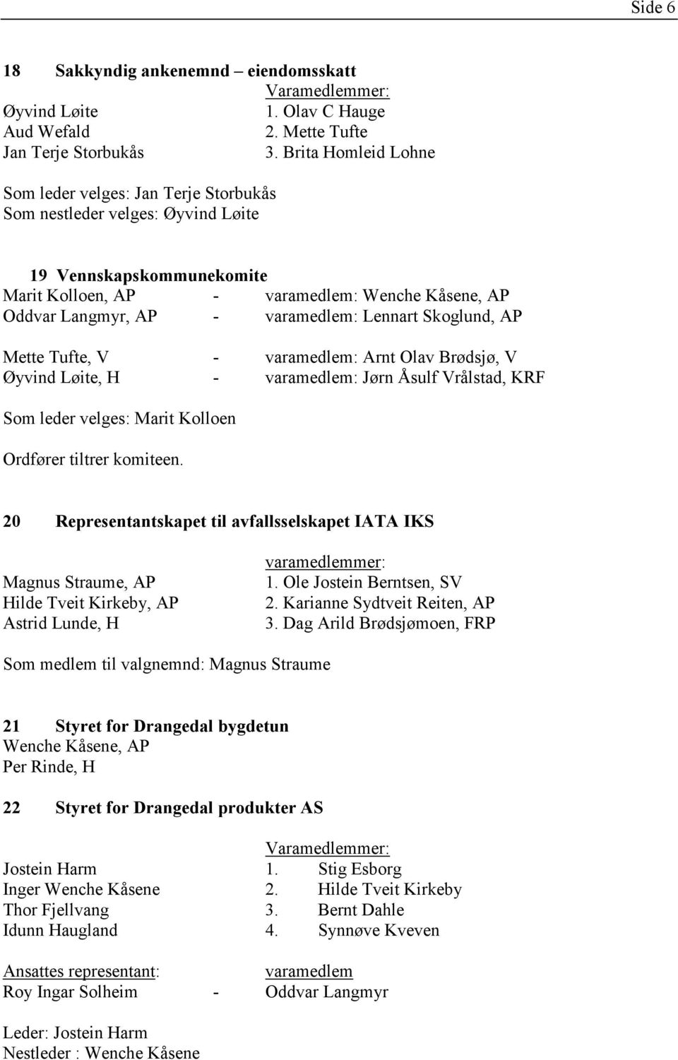 varamedlem: Lennart Skoglund, AP Mette Tufte, V - varamedlem: Arnt Olav Brødsjø, V Øyvind Løite, H - varamedlem: Jørn Åsulf Vrålstad, KRF Som leder velges: Marit Kolloen Ordfører tiltrer komiteen.