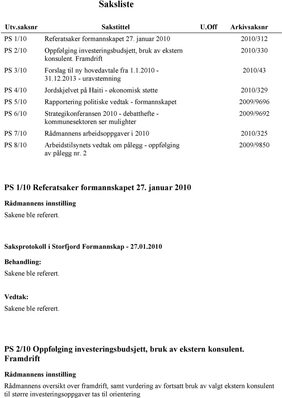 2013 - uravstemning 2010/330 2010/43 PS 4/10 Jordskjelvet på Haiti - økonomisk støtte 2010/329 PS 5/10 Rapportering politiske vedtak - formannskapet 2009/9696 PS 6/10 Strategikonferansen 2010 -