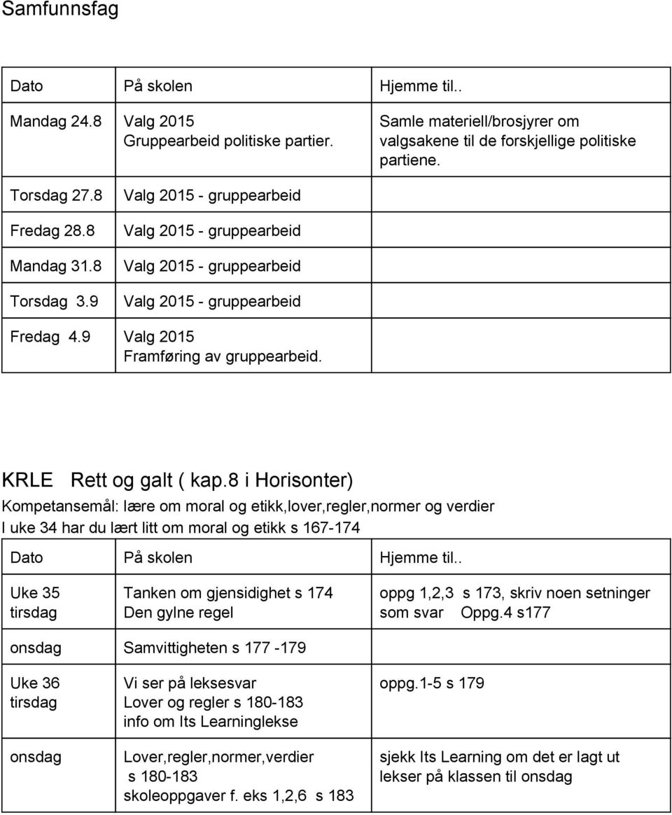 8 i Horisonter) Kompetansemål: lære om moral og etikk,lover,regler,normer og verdier I uke 34 har du lært litt om moral og etikk s 167 174 Uke 35 tirsdag Tanken om gjensidighet s 174 Den gylne regel