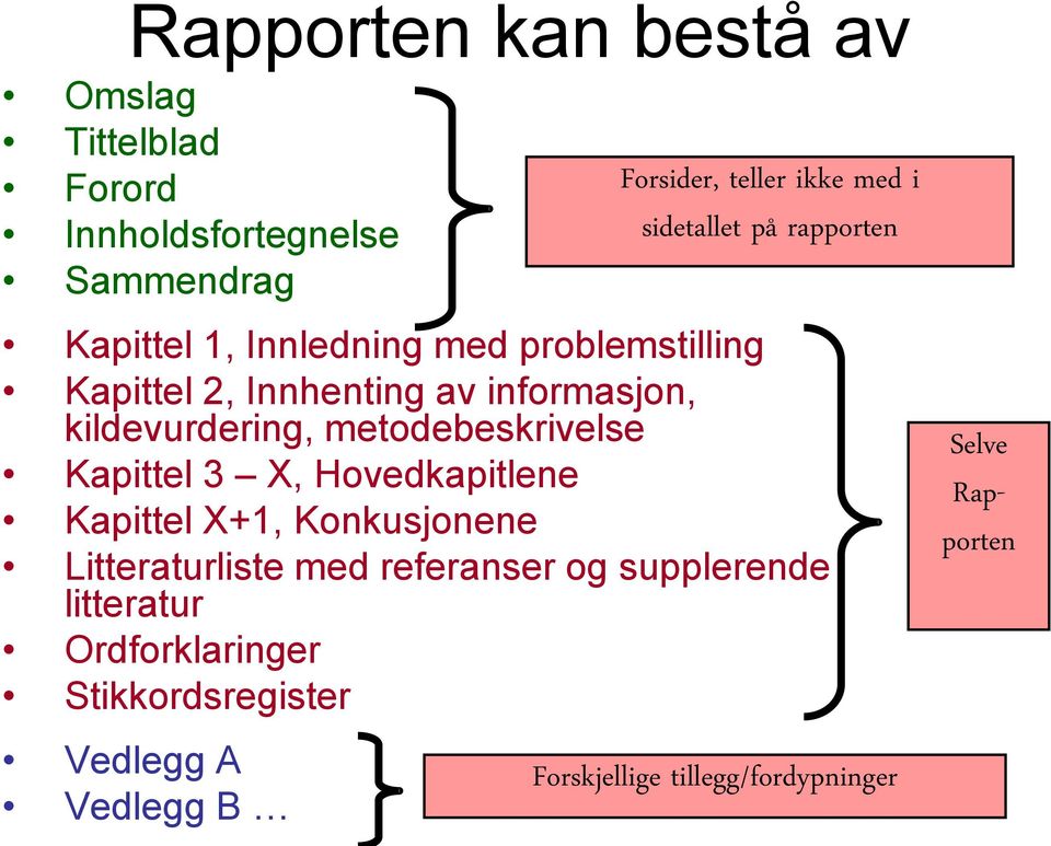 Hovedkapitlene Kapittel X+1, Konkusjonene Litteraturliste med referanser og supplerende litteratur Ordforklaringer