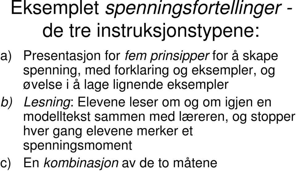 lignende eksempler b) Lesning: Elevene leser om og om igjen en modelltekst sammen med