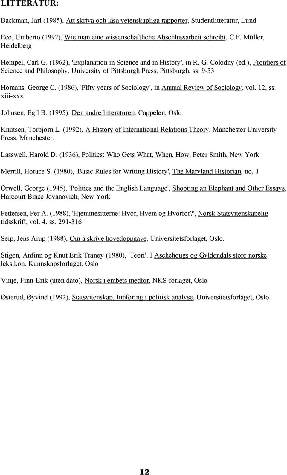 9-33 Homans, George C. (1986), 'Fifty years of Sociology', in Annual Review of Sociology, vol. 12, ss. xiii-xxx Johnsen, Egil B. (1995). Den andre litteraturen. Cappelen, Oslo Knutsen, Torbjørn L.