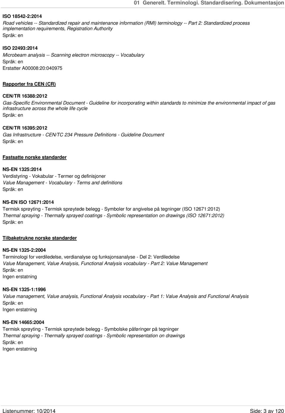 ISO 22493:2014 Microbeam analysis -- Scanning electron microscopy -- Vocabulary Erstatter A00008:20:040975 Rapporter fra CEN (CR) CEN/TR 16388:2012 Gas-Specific Environmental Document - Guideline for