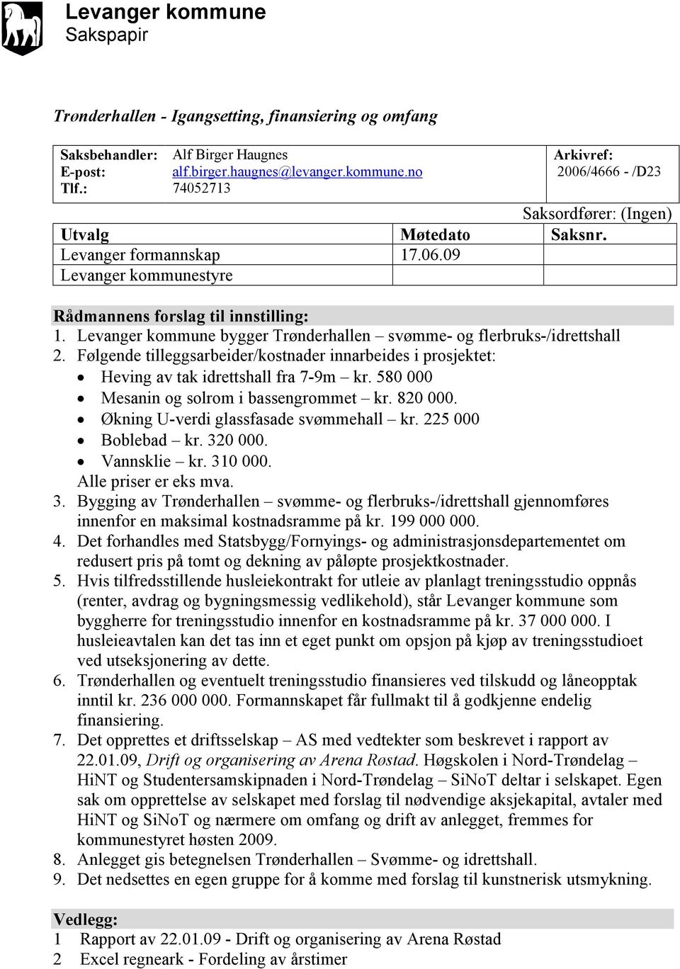 Følgende tilleggsarbeider/kostnader innarbeides i prosjektet: Heving av tak idrettshall fra 7-9m kr. 580 000 Mesanin og solrom i bassengrommet kr. 820 000. Økning U-verdi glassfasade svømmehall kr.