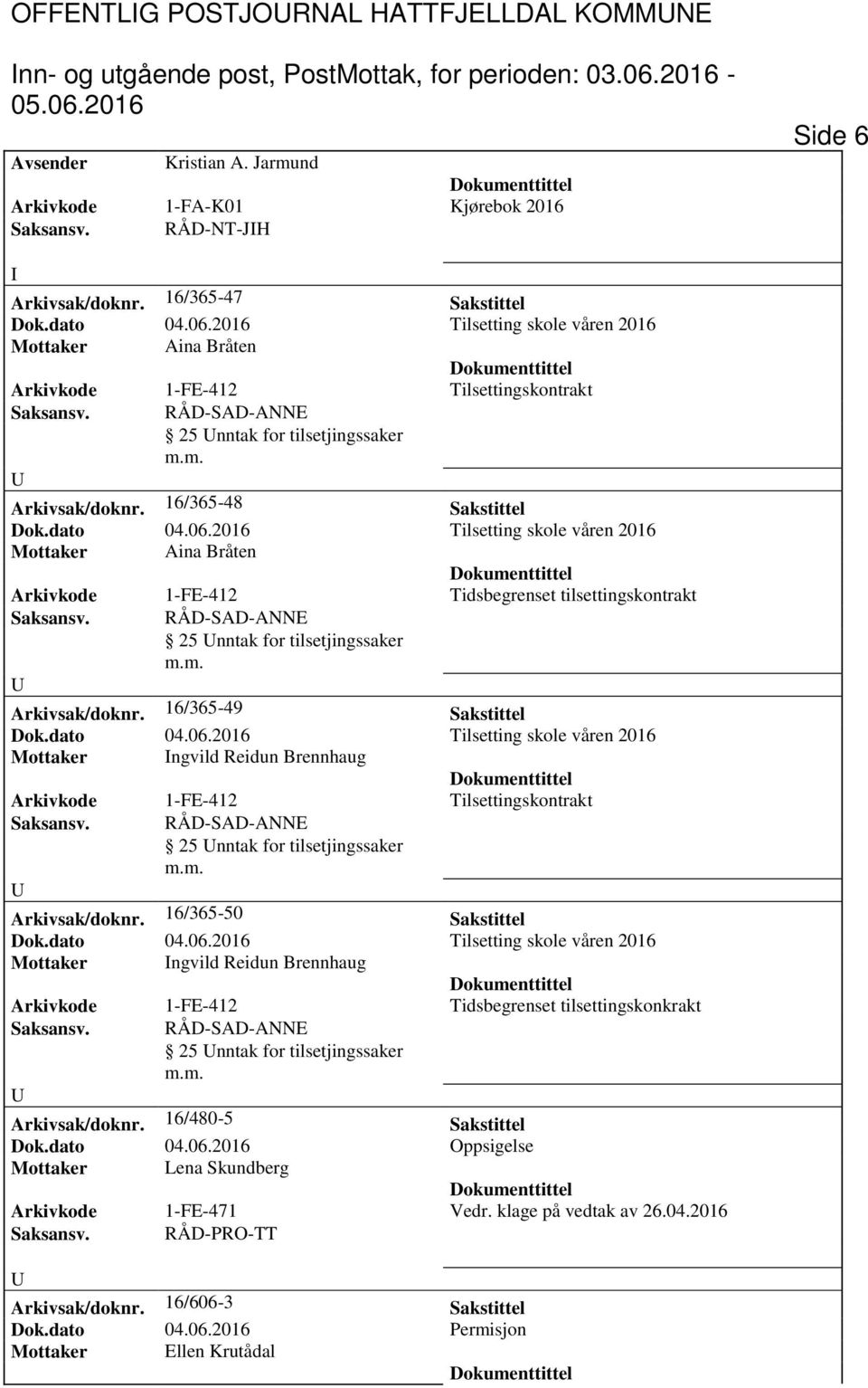 16/365-49 Sakstittel Dok.dato 04.06. Tilsetting skole våren Mottaker ngvild Reidun Brennhaug Arkivkode 1-FE-412 Tilsettingskontrakt 25 nntak for tilsetjingssaker Arkivsak/doknr.