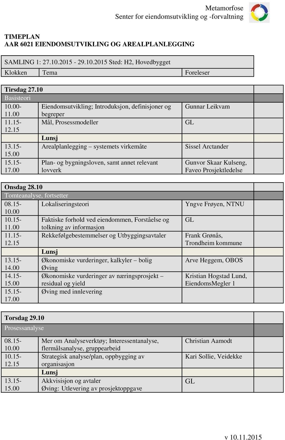 15- Plan- og bygningsloven, samt annet relevant 17.00 lovverk Onsdag 28.10 Tomteanalyse, fortsetter 08.15- Lokaliseringsteori Faktiske forhold ved eiendommen, Forståelse og 11.