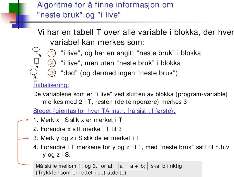 (de temporære) merkes 3 Steget (gjentas for hver TA-instr. fra sist til første): 1. Merk x i S slik x er merket i T 2. Forandre x sitt merke i T til 3 3.