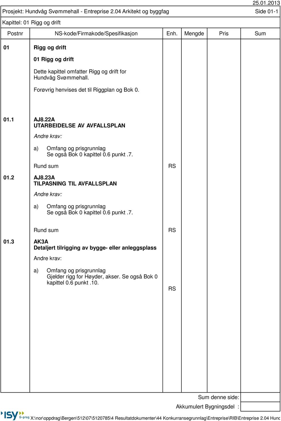 23A TILPASNING TIL AVFALLSPLAN a) Omfang og prisgrunnlag Se også Bok 0 kapittel 0.6 punkt.7. Rund sum RS 01.