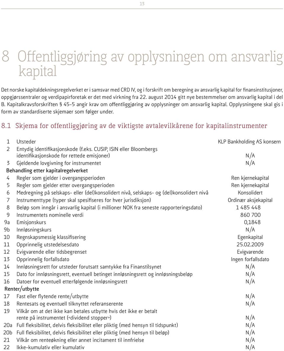 Kapitalkravsforskriften 45-5 angir krav om offentliggjøring av opplysninger om ansvarlig kapital. Opplysningene skal gis i form av standardiserte skjemaer som følger under. 8.