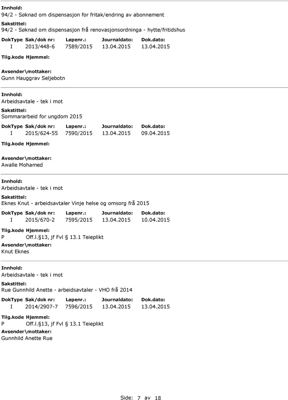 tek i mot Eknes Knut - arbeidsavtaler Vinje helse og omsorg frå 2015 2015/670-2 7595/2015 10.04.2015 P Off.l. 13, jf Fvl 13.