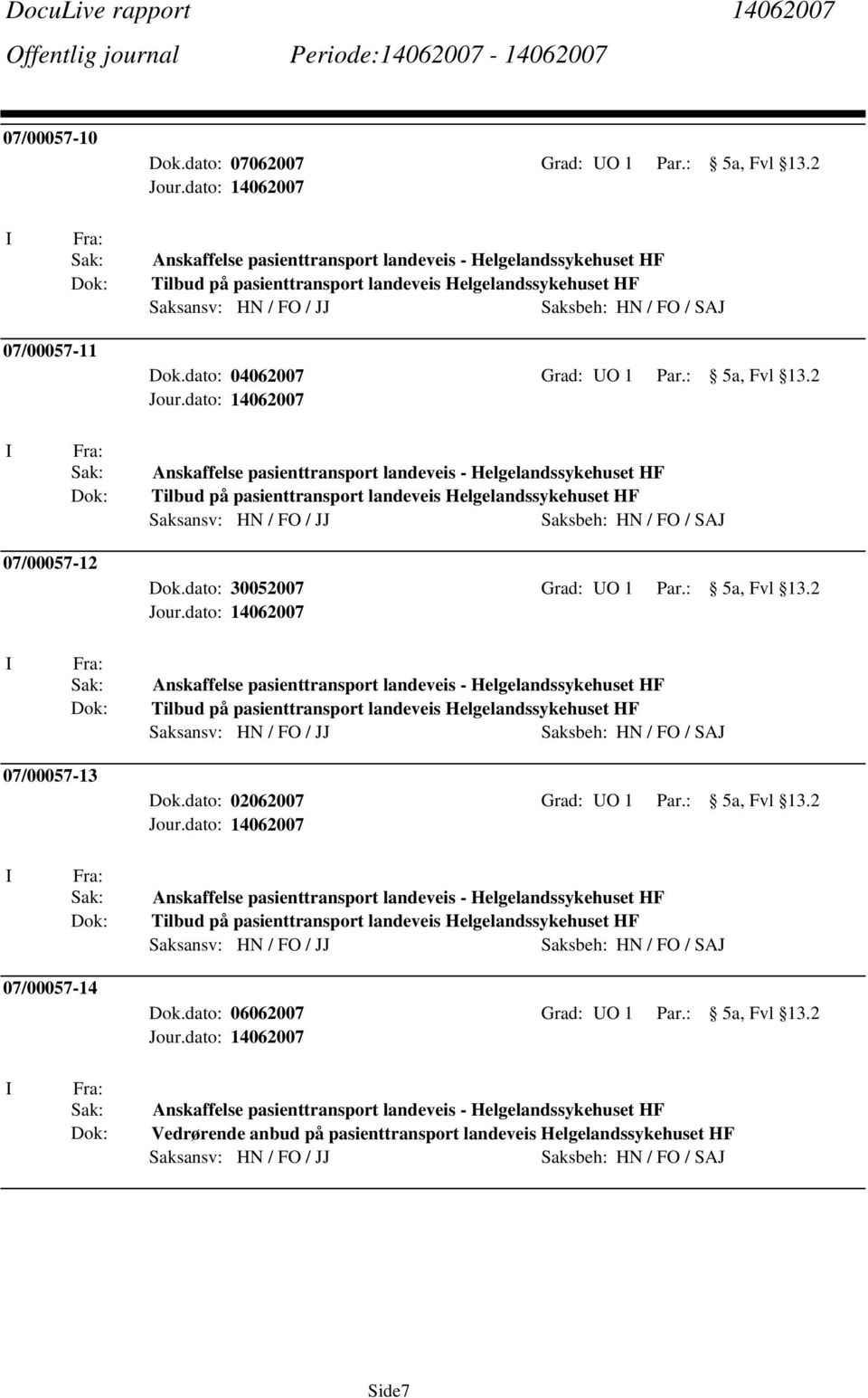 2 Tilbud på pasienttransport landeveis Helgelandssykehuset HF 07/00057-13 Dok.dato: 02062007 Grad: UO 1 Par.: 5a, Fvl 13.