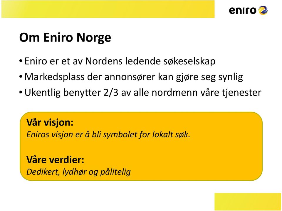 2/3 av alle nordmenn våre tjenester Vår visjon: Eniros visjon ij