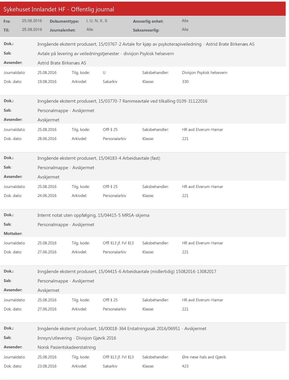 2016 Arkivdel: Personalarkiv Inngående eksternt produsert, 15/04183-4 Arbeidsavtale (fast) Personalmappe - Dok. dato: 24.06.