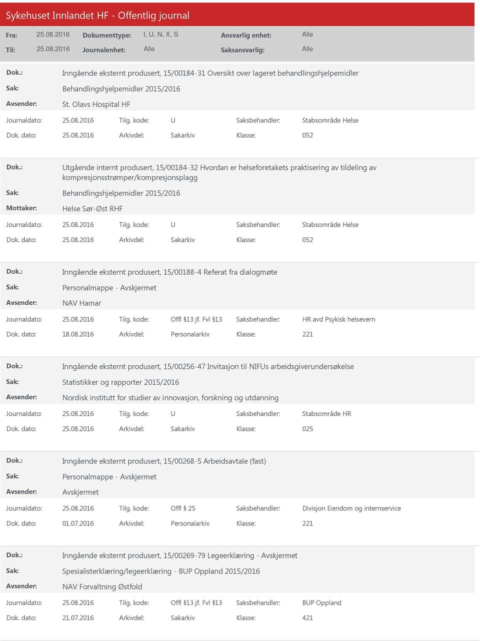 Helse Sør-Øst RHF Stabsområde Helse Dok. dato: Arkivdel: Sakarkiv 052 Inngående eksternt produsert, 15/00188-4 Referat fra dialogmøte Personalmappe - NAV Hamar Dok. dato: 18.08.