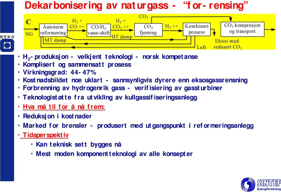 sannsynligvis dyrere enn eksosgassrensning Forbrenning av hydrogenrik gass - verifisiering av gassturbiner Teknologistøtte fra utvikling av kullgassifiseringsanlegg Hva må til