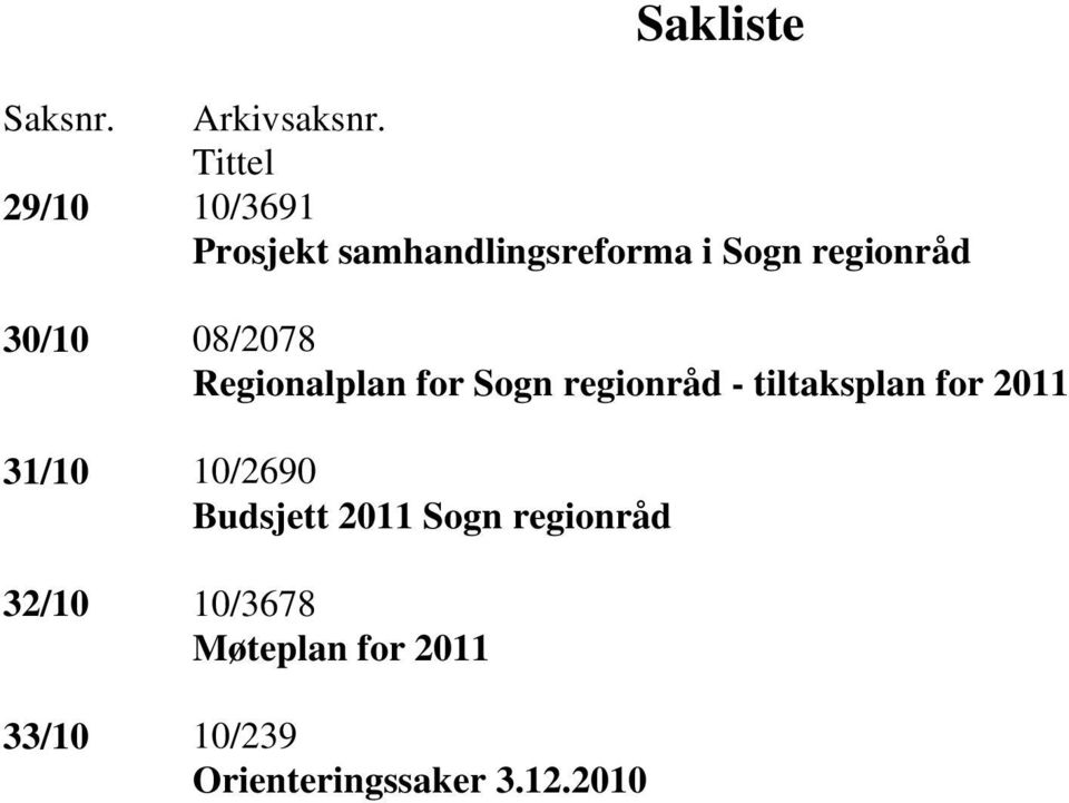 30/10 08/2078 Regionalplan for Sogn regionråd - tiltaksplan for 2011