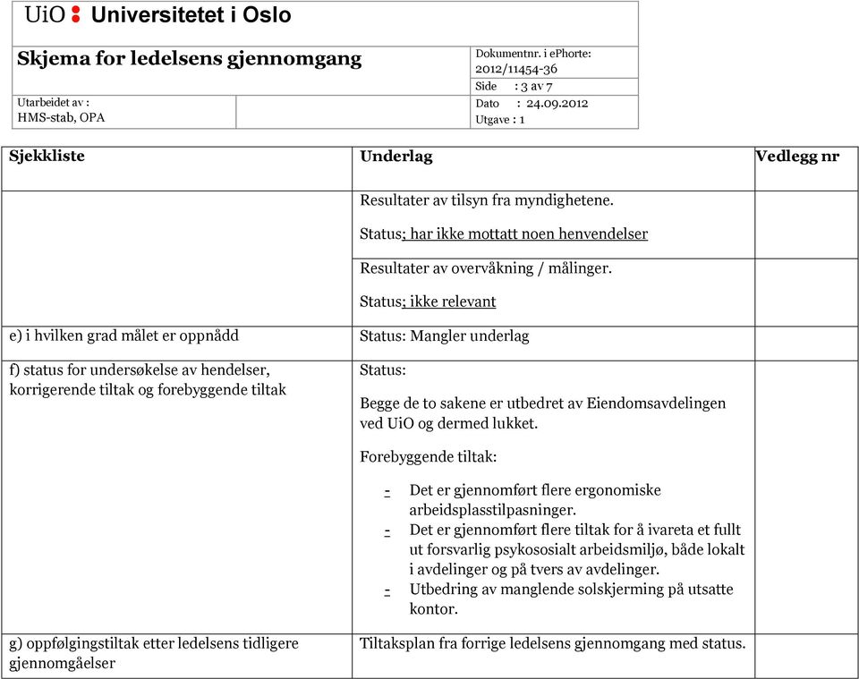 utbedret av Eiendomsavdelingen ved UiO og dermed lukket. Forebyggende tiltak: - Det er gjennomført flere ergonomiske arbeidsplasstilpasninger.