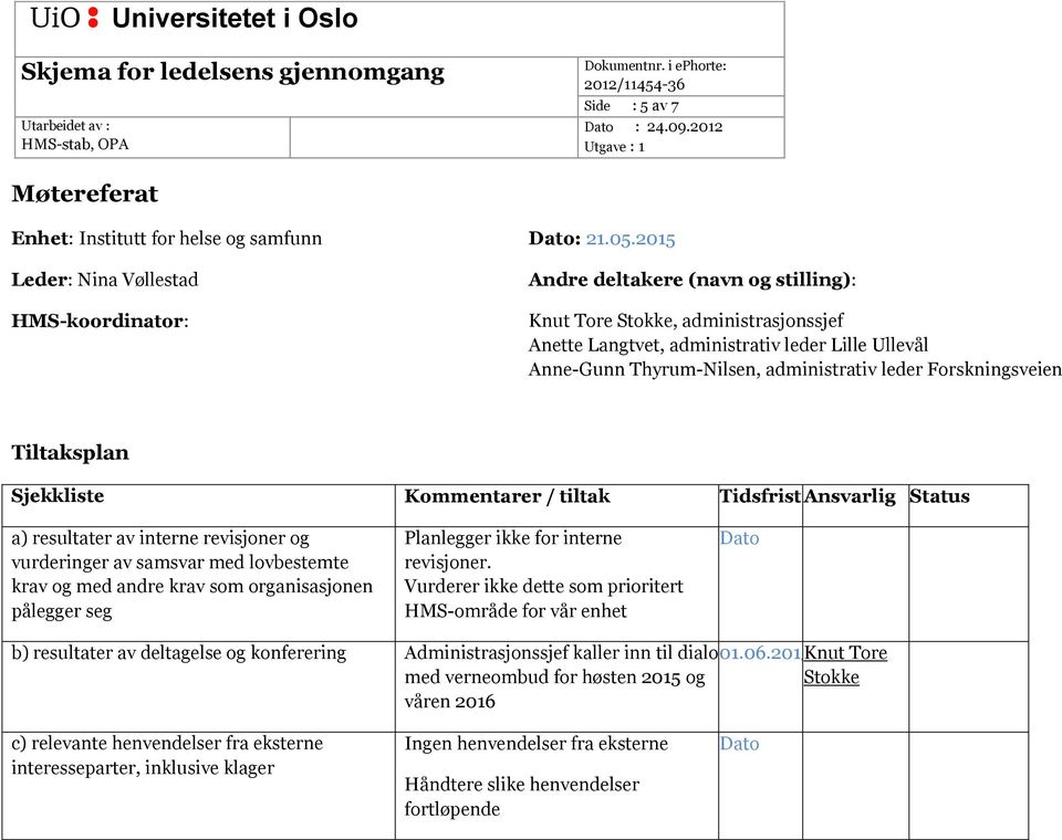 administrativ leder Forskningsveien Tiltaksplan Sjekkliste Kommentarer / tiltak Tidsfrist Ansvarlig Status a) resultater av interne revisjoner og vurderinger av samsvar med lovbestemte krav og med