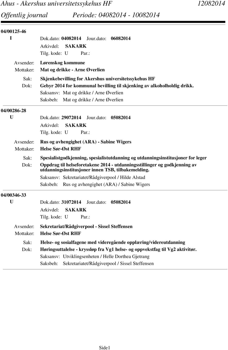 Saksansv: Mat og drikke / Arne Øverlien Saksbeh: Mat og drikke / Arne Øverlien 04/00286-28 U Dok.dato: 29072014 Jour.dato: 05082014 Tilg. kode: U Par.