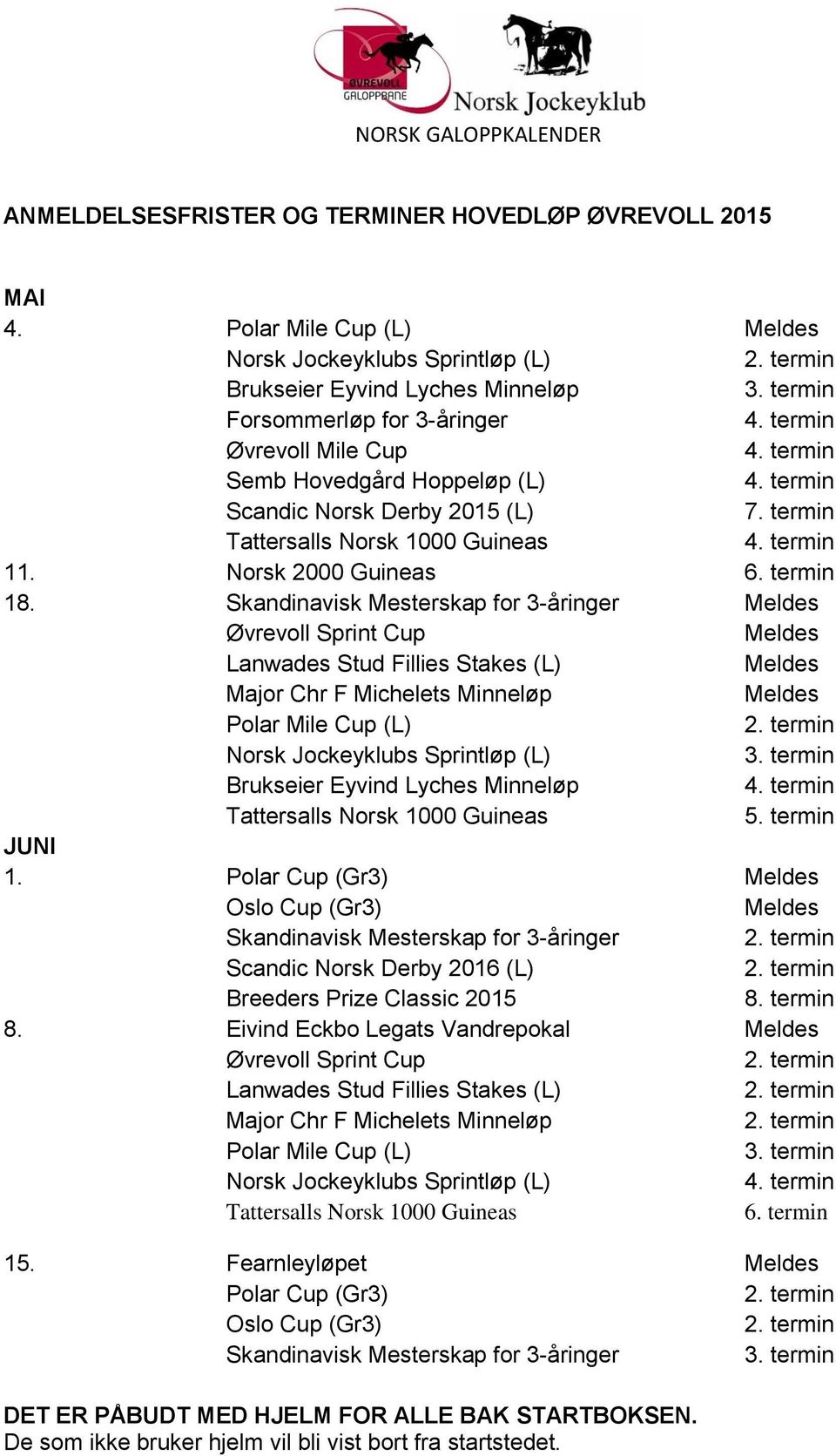 termin Tattersalls Norsk 1000 Guineas 11. Norsk 2000 Guineas 6. termin 18.