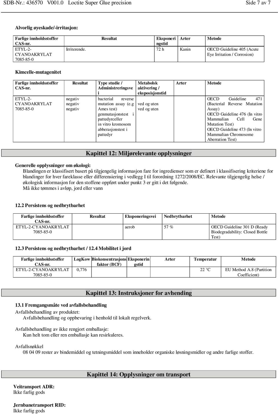 (e.g negativ Ames test) genmutasjonstest pattedyrceller in vitro kromosom abberasjonstest i pattedyr i Metabolsk aktivering / eksposisjonstid ved og uten ved og uten Arter Metode OECD Guideline 471