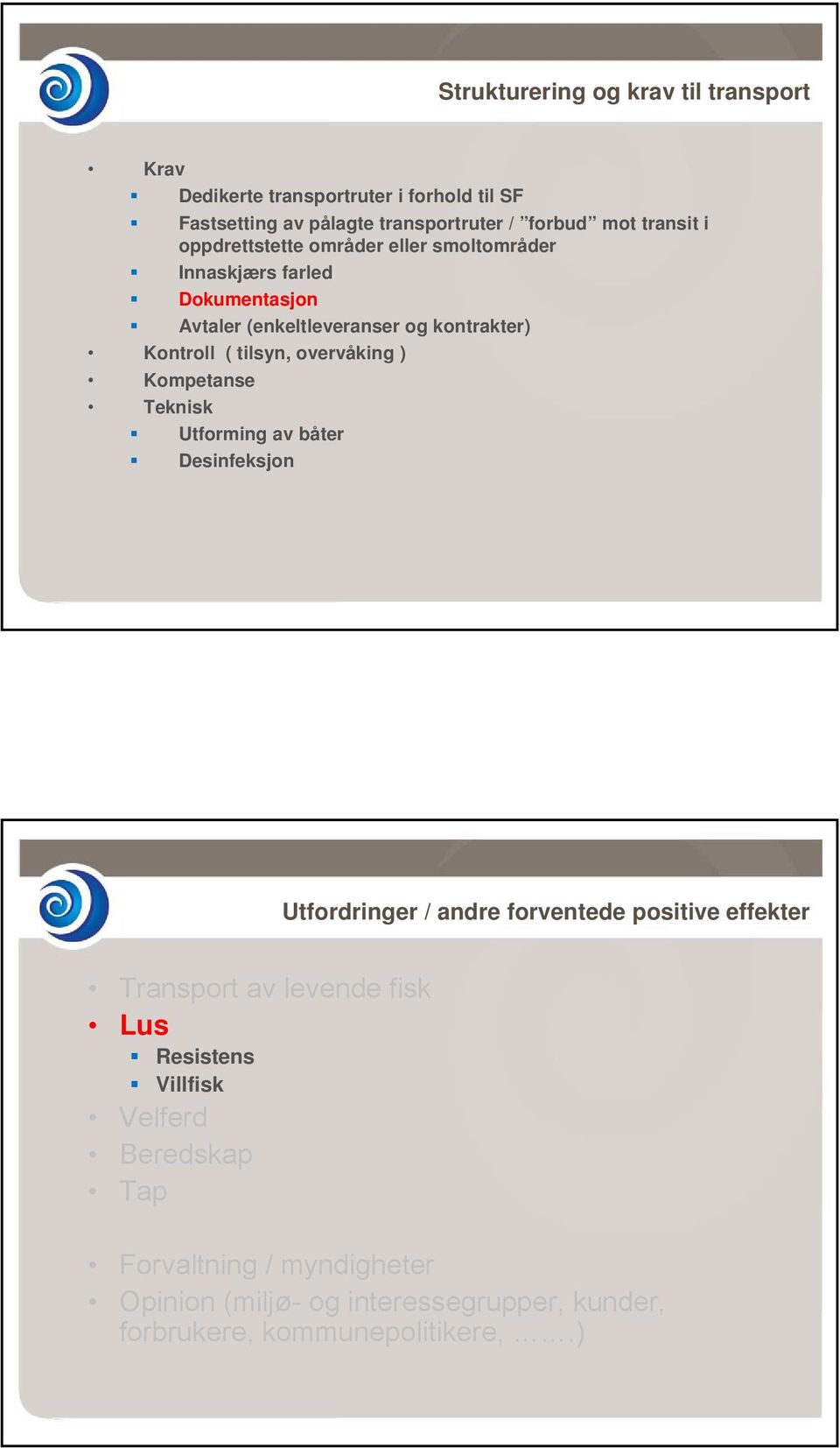 overvåking ) Kompetanse Teknisk Utforming av båter Desinfeksjon Utfordringer / andre forventede positive effekter Transport av levende fisk