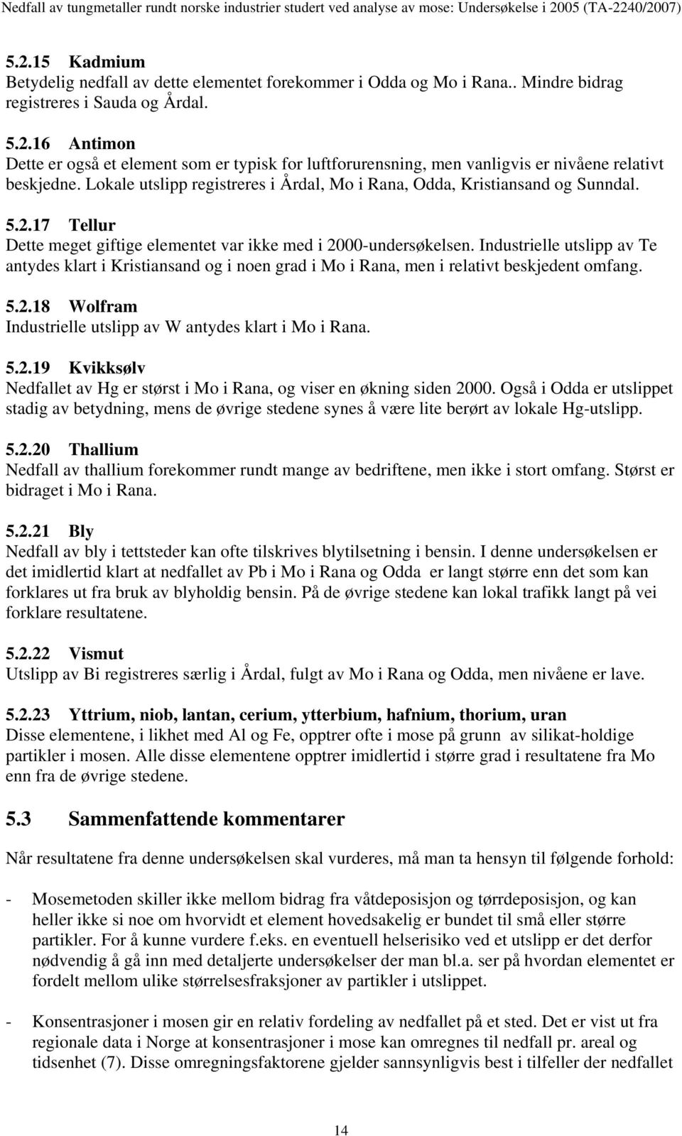 Industrielle utslipp av Te antydes klart i Kristiansand og i noen grad i Mo i Rana, men i relativt beskjedent omfang. 5.2.