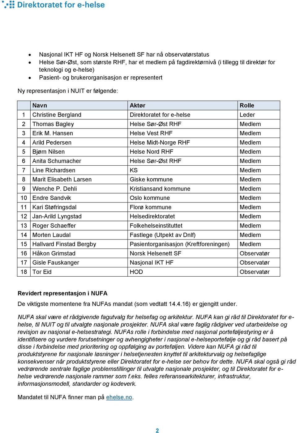 Hansen Helse Vest RHF Medlem 4 Arild Pedersen Helse Midt-Norge RHF Medlem 5 Bjørn Nilsen Helse Nord RHF Medlem 6 Anita Schumacher Helse Sør-Øst RHF Medlem 7 Line Richardsen KS Medlem 8 Marit