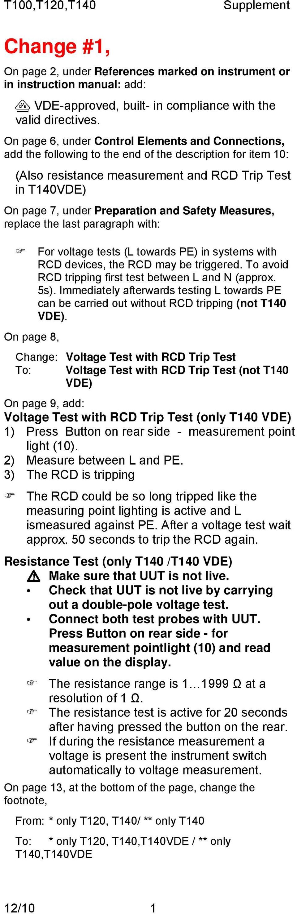 and Safety Measures, replace the last paragraph with: 1 7 For voltage tests (L towards PE) in systems with RCD devices, the RCD may be triggered.