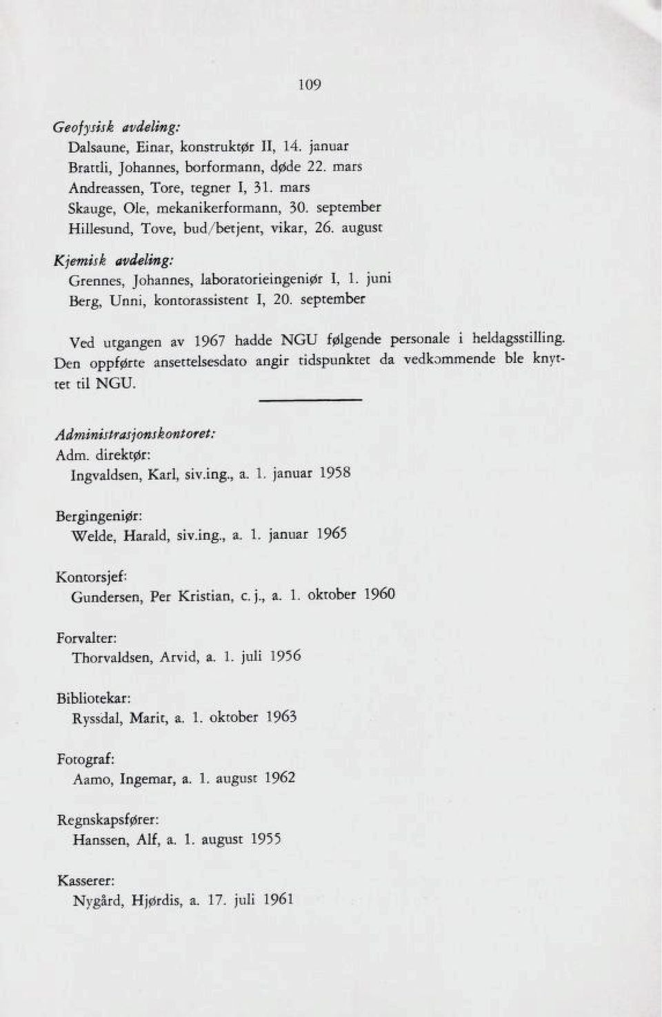 september Ved utgangen av 1967 hadde NGU følgende personale i heldagsstilling. Den oppførte ansettelsesdato angir tidspunktet da vedkommende ble knyt tet til NGU. Administrasjonskontoret: Adm.