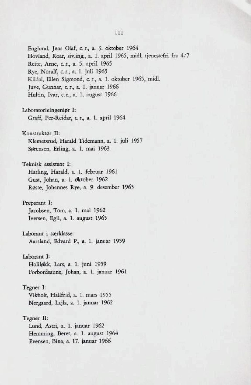 1. juli 1957 Sørensen, Erling, a. 1. mai 1963 Teknisk assistent I: Hatling, Harald, a. 1. februar 1961 Gust, Johan, a. 1. dktober 1962 Røste, Johannes Rye, a. 9.