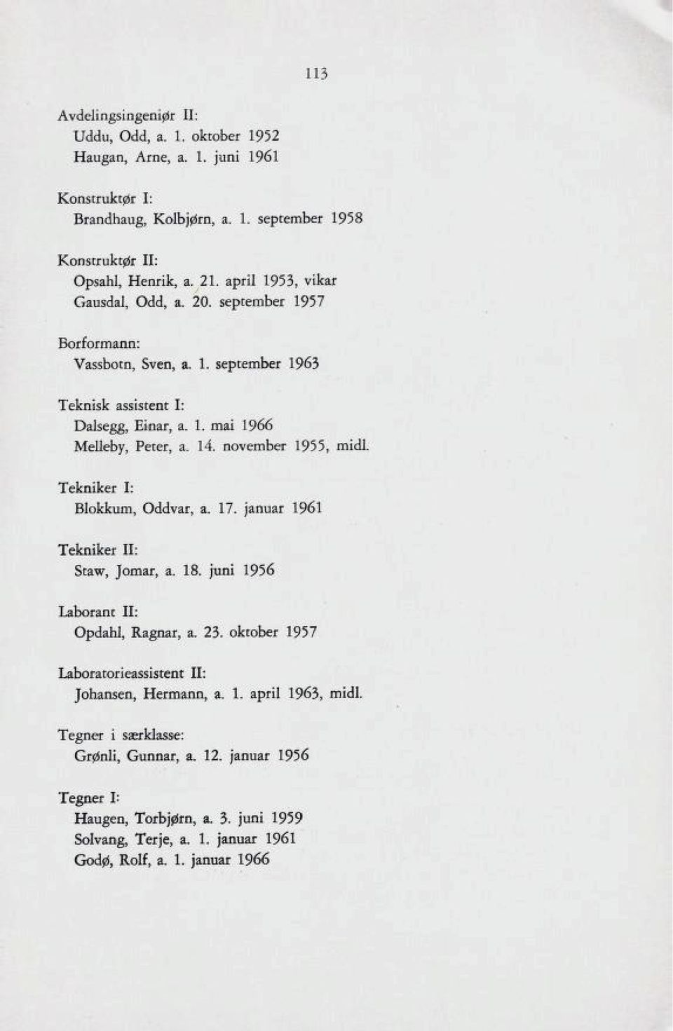november 1955, midl Tekniker I: Blokkum, Oddvar, a. 17. januar 1961 Tekniker II: Staw, Jomar, a. 18. juni 1956 Laborant II: Opdahl, Ragnar, a. 23.