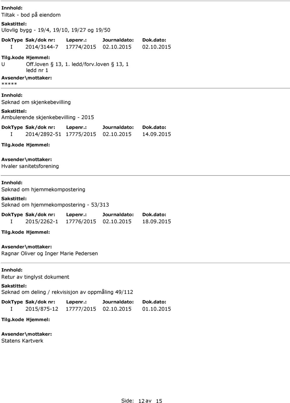 2015 Hvaler sanitetsforening Søknad om hjemmekompostering Søknad om hjemmekompostering - 53/313 2015/2262-1 17776/2015 18.09.