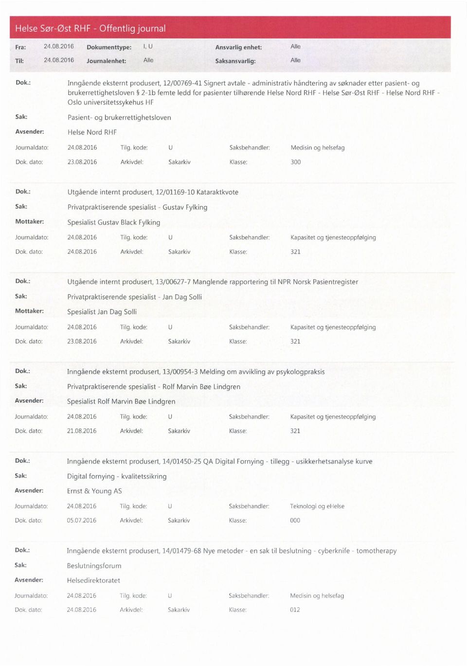 Helse Sør-øst RHF - Helse Nord RHF - Oslo universitetssykehus HF Sak: Pasient- og brukerrettighetsloven Helse Nord RHF Dok. dato: 23.08.2016 Arkivdel: Sakarkiv Klasse: 300 Dok.