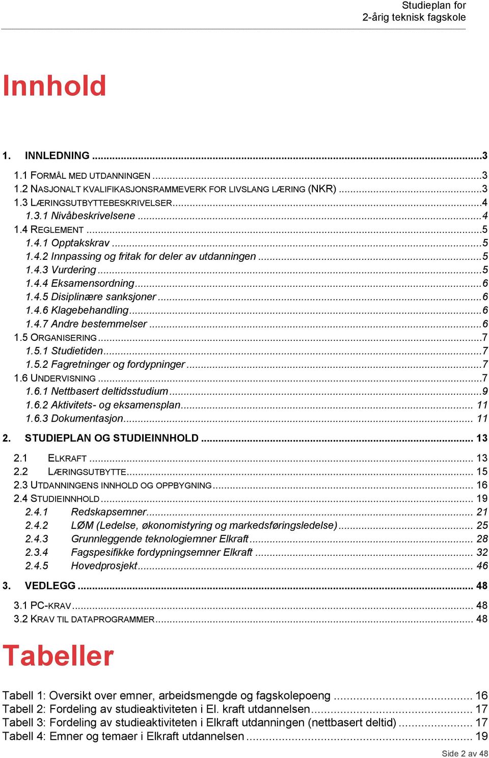 ..6 1.5 ORGANISERING...7 1.5.1 Studietiden...7 1.5.2 Fagretninger og fordypninger...7 1.6 UNDERVISNING...7 1.6.1 Nettbasert deltidsstudium...9 1.6.2 Aktivitets- og eksamensplan... 11 1.6.3 Dokumentasjon.