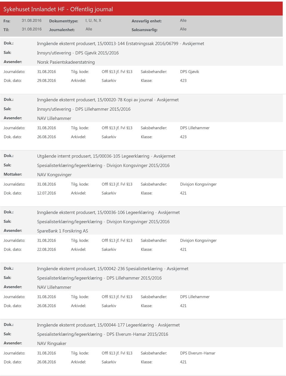 2016 Arkivdel: Sakarkiv 423 tgående internt produsert, 15/00036-105 Legeerklæring - Spesialisterklæring/legeerklæring - Divisjon Kongsvinger 2015/2016 NAV Kongsvinger Divisjon Kongsvinger Dok.