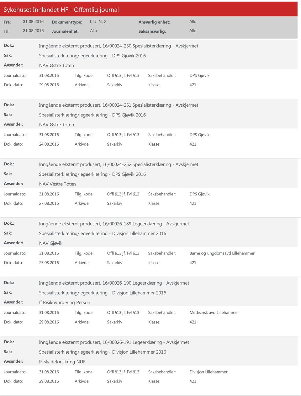 2016 Arkivdel: Sakarkiv Inngående eksternt produsert, 16/00024-252 Spesialisterklæring - Spesialisterklæring/legeerklæring - DPS Gjøvik 2016 NAV Vestre Toten DPS Gjøvik Dok. dato: 27.08.