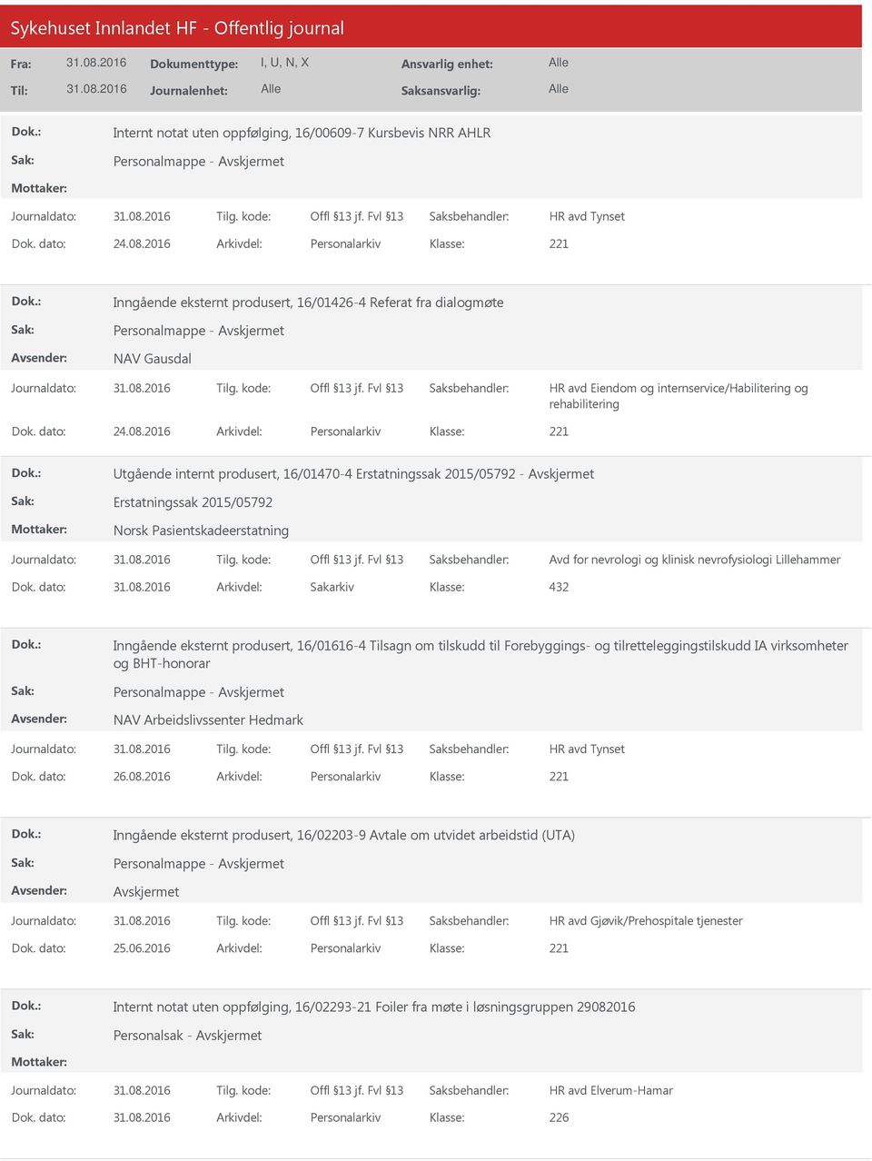 08.2016 Arkivdel: Personalarkiv tgående internt produsert, 16/01470-4 Erstatningssak 2015/05792 - Erstatningssak 2015/05792 Norsk Pasientskadeerstatning Avd for nevrologi og klinisk nevrofysiologi