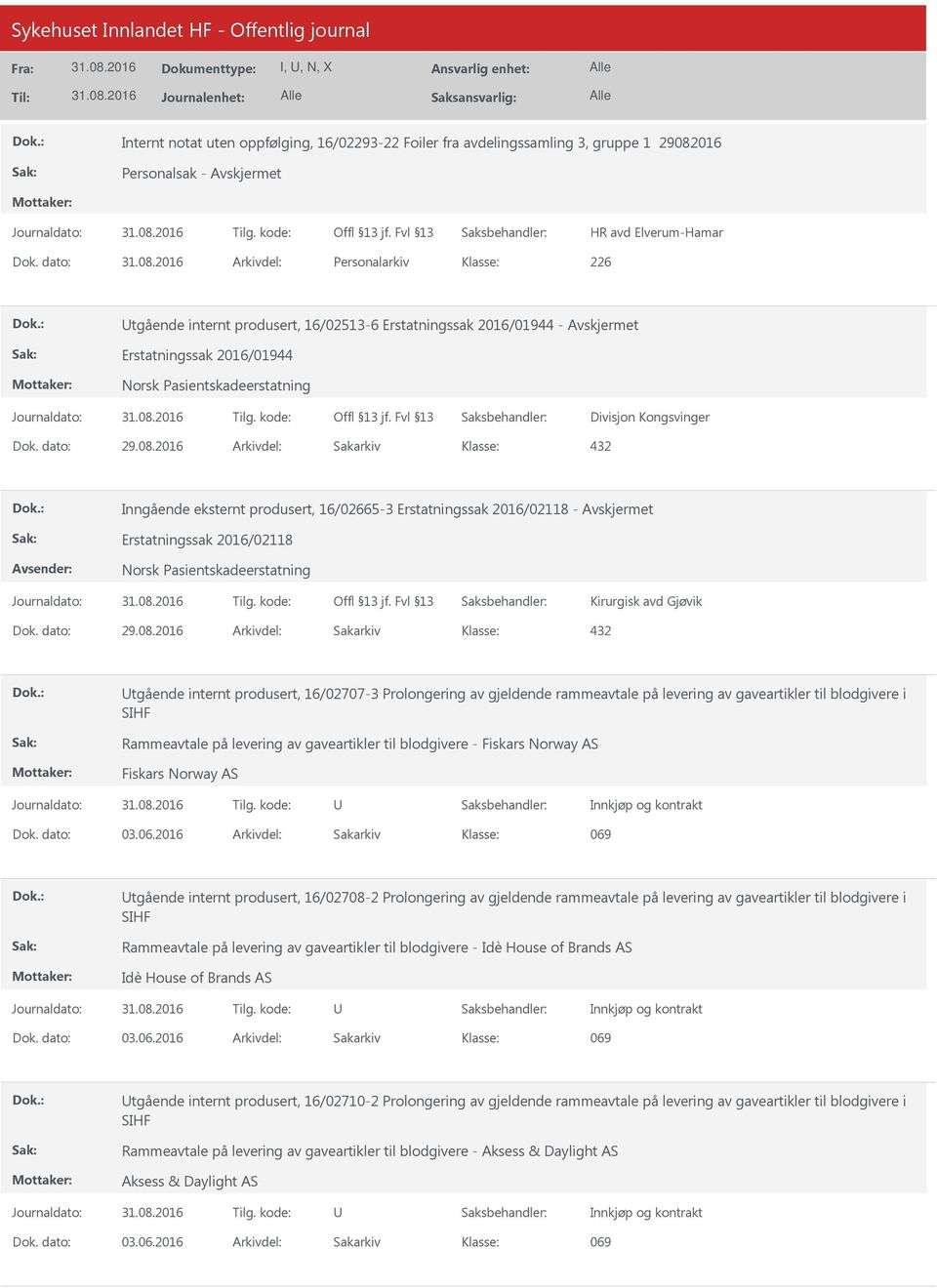 produsert, 16/02665-3 Erstatningssak 2016/08 - Erstatningssak 2016/08 Norsk Pasientskadeerstatning Kirurgisk avd Gjøvik 432 tgående internt produsert, 16/02707-3 Prolongering av gjeldende rammeavtale