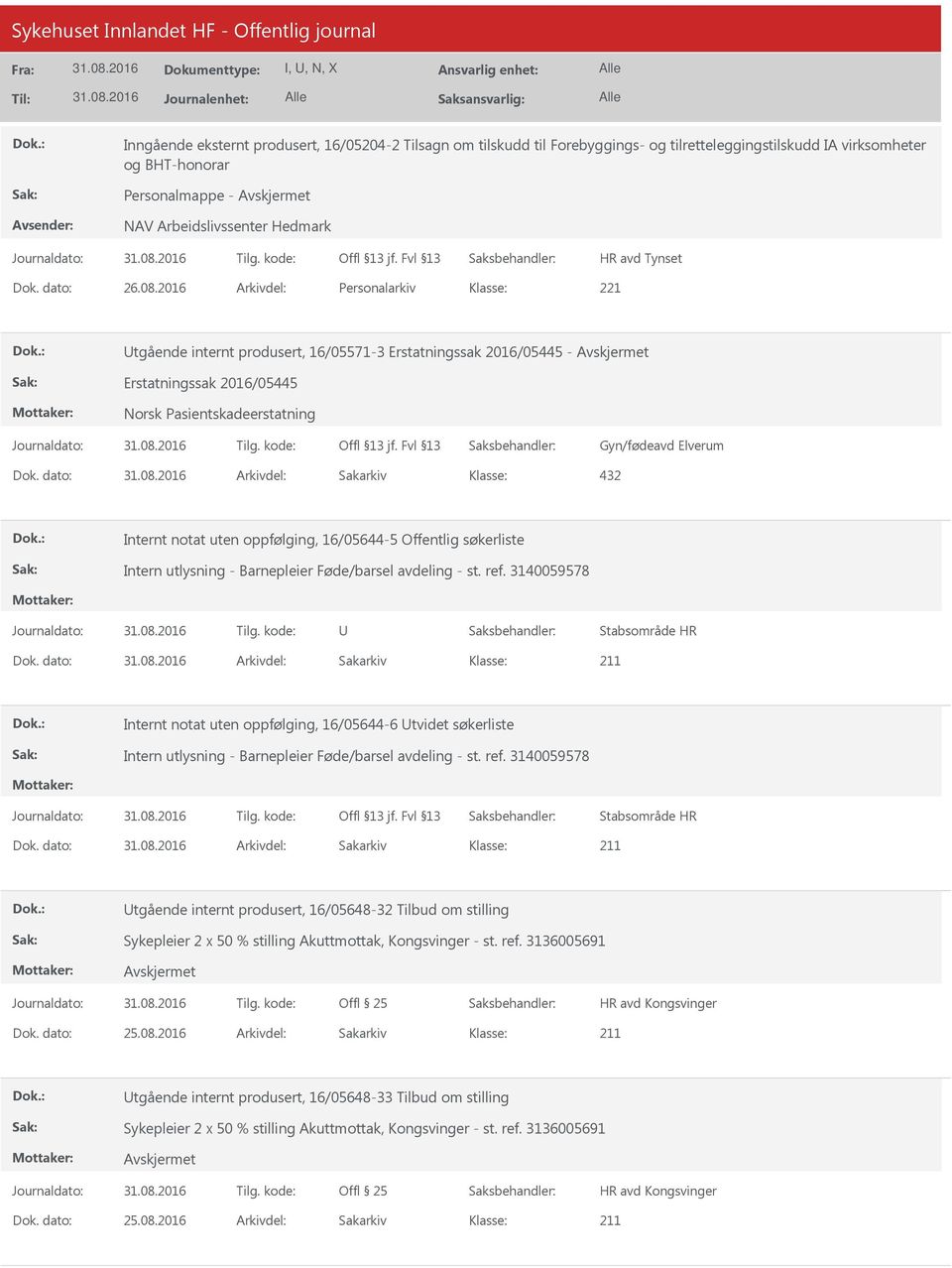 dato: Arkivdel: Sakarkiv 432 Internt notat uten oppfølging, 16/05644-5 Offentlig søkerliste Intern utlysning - Barnepleier Føde/barsel avdeling - st. ref. 3140059578 Dok.