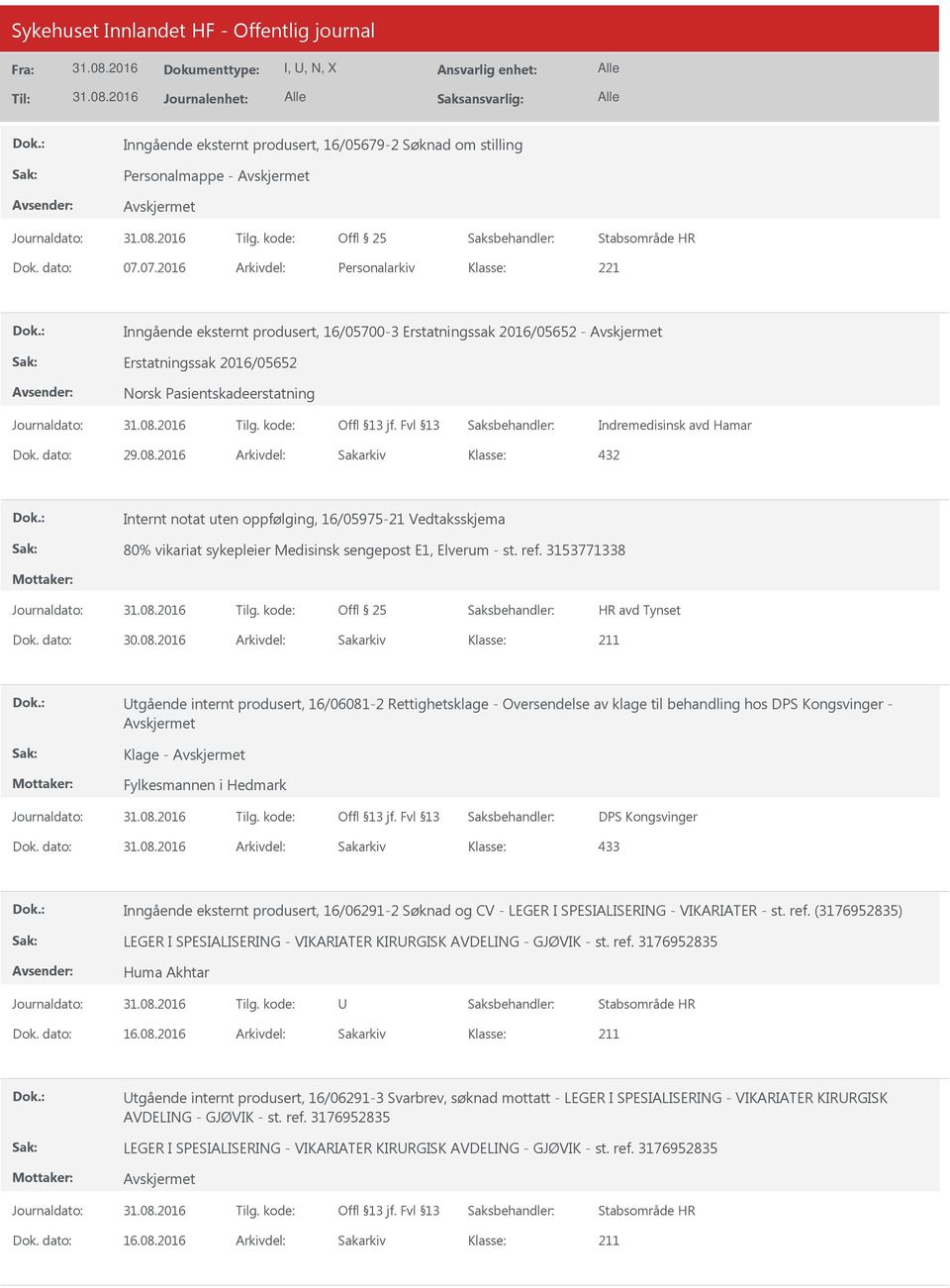 uten oppfølging, 16/05975-21 Vedtaksskjema 80% vikariat sykepleier Medisinsk sengepost E1, Elverum - st. ref.