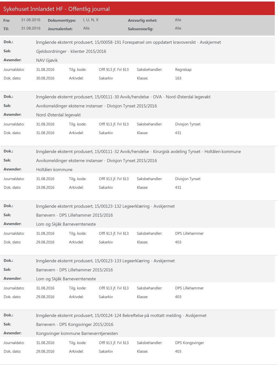 dato: Arkivdel: Sakarkiv 431 Inngående eksternt produsert, 15/00111-32 Avvik/hendelse - Kirurgisk avdeling Tynset - Holtålen kommune Avviksmeldinger eksterne instanser - Divisjon Tynset 2015/2016