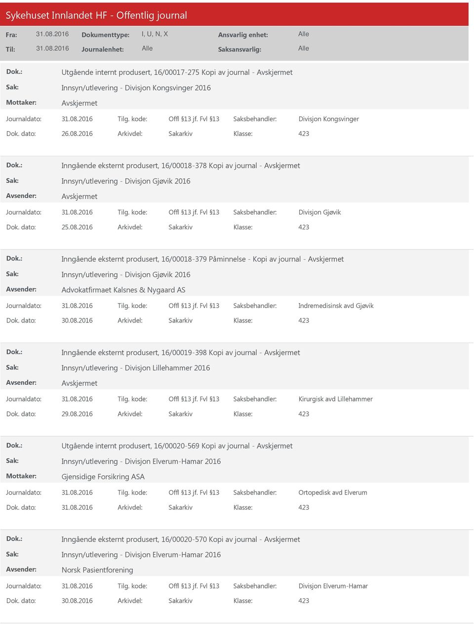 2016 Arkivdel: Sakarkiv 423 Inngående eksternt produsert, 16/00018-379 Påminnelse - Kopi av journal - Innsyn/utlevering - Divisjon Gjøvik 2016 Advokatfirmaet Kalsnes & Nygaard AS Indremedisinsk avd