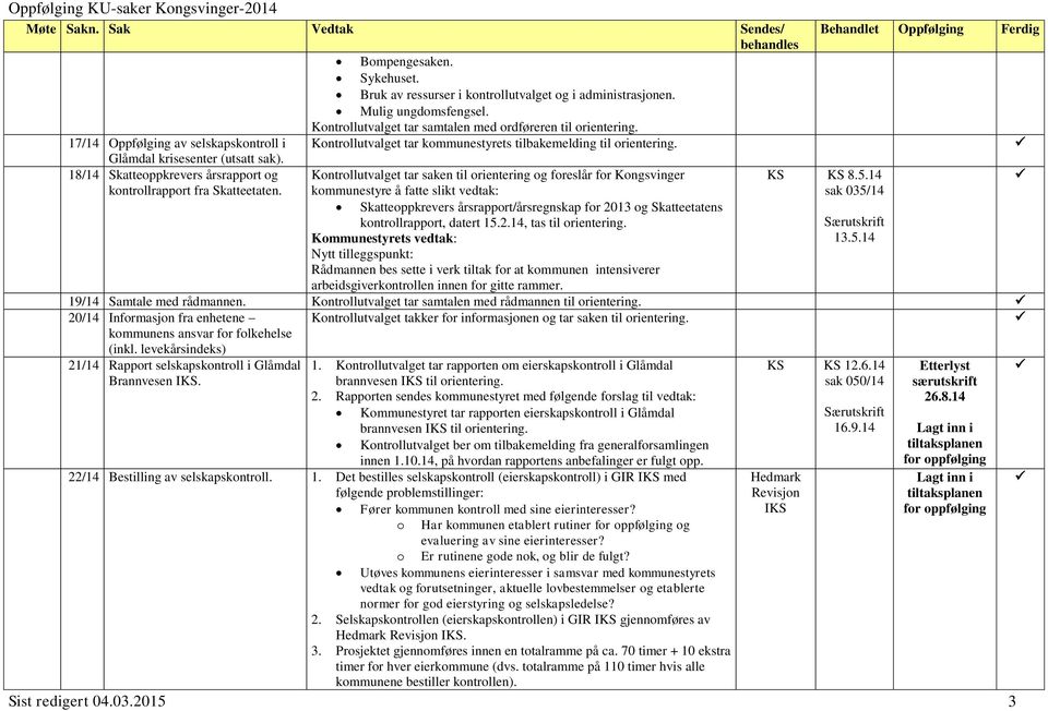 18/14 Skatteoppkrevers årsrapport og Kontrollutvalget tar saken til orientering og foreslår for Kongsvinger kontrollrapport fra Skatteetaten.